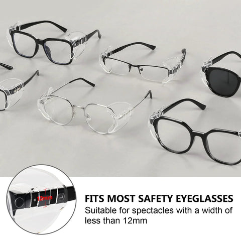 Various eyeglasses with attached Glasses Side Shields for Eye Protection TPU Shields for Small to Medium Eyewear.