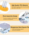 Diagram showing features of Adjustable Height Floor Lock For Trolleys And Carts, with TPU pad, rivet design, and manganese steel plate.