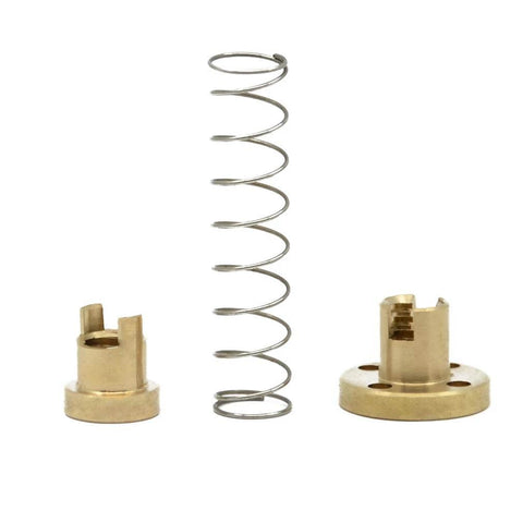 T8 tr8x2 anti backlash spring loaded nut elimination gap components for acme threaded lead screw, brass nut and spring, front view