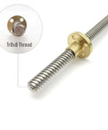 Close-up of a 300mm tr8x8 lead screw with t8 brass nut showing acme thread for 3D printer and CNC machine z axis.