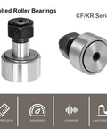 Two steel cam follower bearings: stud-type with black hex nut and disk-style roller (19mm diameter).