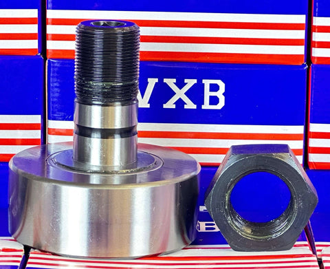 NUKR90 Track Roller Cam Follower Needle Roller Bearing 30x90x100mm next to a hex nut, on VXB packaging.