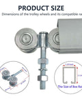 Two Pack Track Roller Wheels Set For Beam Trolley System With Box Rail Strut Channel For Heavy Barn Or Shed Sliding Doors Includes Two Trolleys With Four Steel Ball Bearing Rollers Solid Steel Construction 440 Pound Load Rating Removable Bolt with size dimensions diagram
