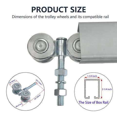 Two Pack Track Roller Wheels Set For Beam Trolley System With Box Rail Strut Channel For Heavy Barn Or Shed Sliding Doors Includes Two Trolleys With Four Steel Ball Bearing Rollers Solid Steel Construction 440 Pound Load Rating Removable Bolt with size dimensions diagram