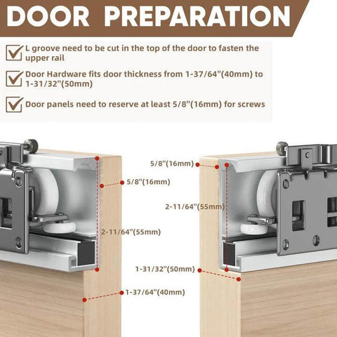 Trackless Sliding Door Hardware Kit 48 Inch Hidden Barn Door System installation instructions with measurements.