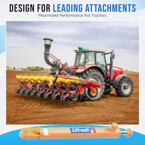 Tractor with planter attachment showcasing design and a Liftwell hydraulic cylinder