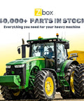 Green tractor in a field with text above advertising 40,000+ parts in stock from Zbox for heavy machinery.