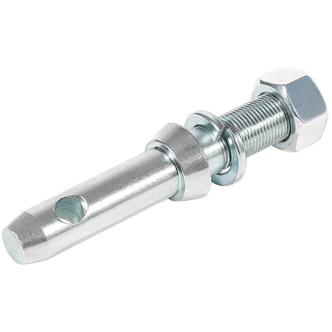 Cat One Draw Pin Hitch Accessories For Tractors Five And One Half Inch Three Pack Universal Fit For Category One Quick Hitch Implements Workhorse Pins To Secure Attachments On Tractor Lift Arms, showing a silver pin with a threaded bolt and nut.