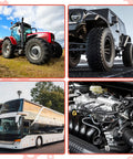 Images of various vehicles and machinery including a red tractor, off-road vehicle, double-decker bus, and engine close-up.