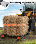 Heavy Duty Pallet Forks for Tractor Attachments and Skid Steer Loader Buckets, 6000 lb Capacity, carrying a hay bale