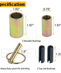 Specifications for Two Pack Cat 1 Quick Hitch Adapter Bushing Kit For Category I 3-Point Tractors, showing bushings and lynch pin with ring.
