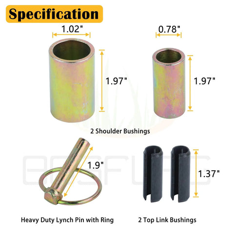 Specifications for Two Pack Cat 1 Quick Hitch Adapter Bushing Kit For Category I 3-Point Tractors, showing bushings and lynch pin with ring.