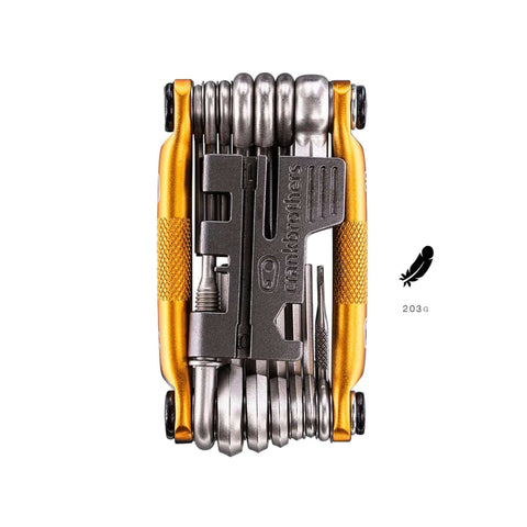 Front view of M20 Gold Bicycle Multi Tool With Hex Wrenches Two To Eight Millimeter Open Wrench Spoke Wrenches