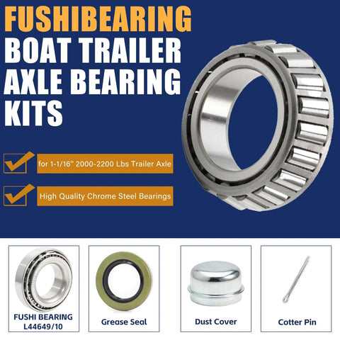 Complete trailer wheel hub bearing kit for 1.0625 inch axles with seals, includes 4 bearings, 2 seals, cotter pins and dust covers.