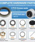 Two Set Trailer Axle Bearing Kit For 3500 Lb 84 Spindle with bearings, dust caps, grease seals, spindle nuts, washers, cotter pins visible.