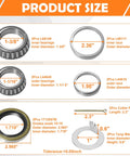Product size chart showing components of Trailer Axle Bearing Kit With D Style Spindle Tang Washers For 3500 Lbs Boat Trailers