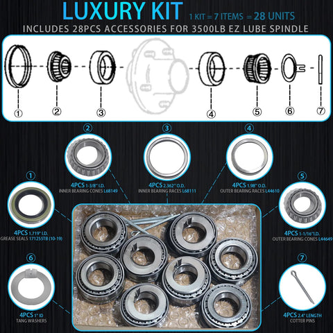 Image showing 4 Pack Boat Trailer Axle Bearing Kit For 3500 Lb Spindles 1 One Sixteenth Inch To 1 Three Eighths Inch EZ Lube 84 Spindle Compatible With L68149 And L44649 Bearings 171255TB 10 19 Grease Seals Tang Washer And Cotter Pins By iBroPrat, with bearings and seals on display.