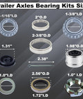 Diagram showing parts of the Two Pack 3500 Lb Trailer Axle Bearing Kit For 1-3/8 To 1-1/16 Inch Spindles with sizes labeled.