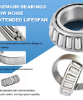 Detailed view of a trailer axle bearing showing premium bearings with low noise and extended lifespan for 3500 lb trailer axles.