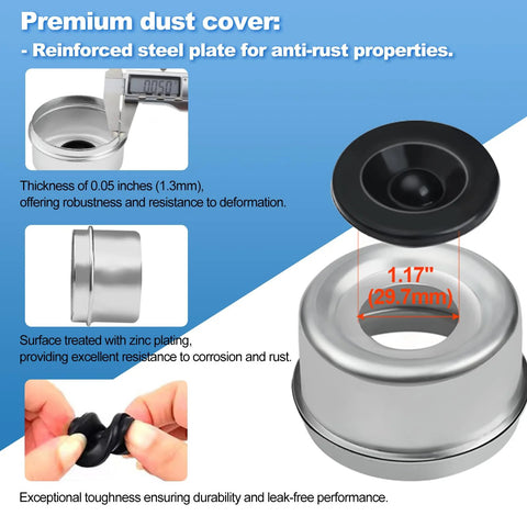 Close-up of a premium 1.98 inch dust cap with reinforced steel for trailer axle bearings kit showcasing zinc plating and thickness.