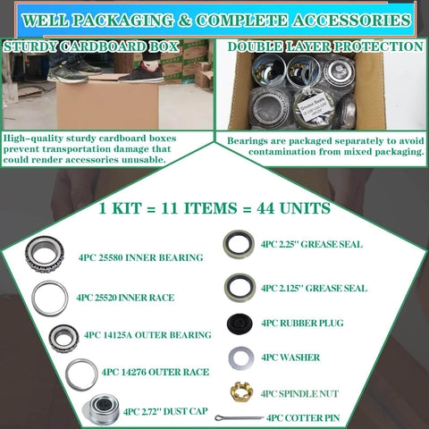 Beefed Up 4 Sets Trailer Axle Hub Bearings Kit For 7000 Lbs Trailer D42 Tapered Spindle With 21333TB And 22333TB Grease Seals items displayed.
