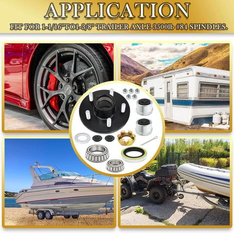 All-in-One 5 Bolt Trailer Hub Kit For 3500 Lb Axles With 4.5 Inch Hubs And 84 Spindle Includes Bearings Extra Dust Caps And Rubber Plugs For 1-1-16 To 1-3-8 Inch Trailer Axles Boat Trailer Hub 5 Lug By TiciKim with application images