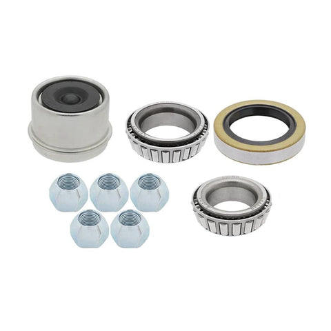 Heavy Duty 3,500 Lb Trailer Axle Kit With Spindle 84 Ten Inch Hub Drum 5 On 4.5 Inch Bolt Pattern Left And Right Electric Brakes Bearing Kit L44649-10 And L68149-11 Seal 010-019 Pre Installed Races And Hardware On Both Sides parts including bearings, nuts, and seals displayed.