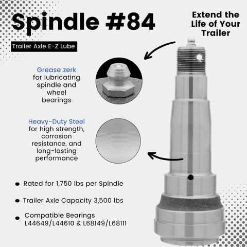 Heavy Duty 3,500 Lb Straight Trailer Axle Spindle 84 With 2 Inch Bore EZ Lube And 6.18 Inch Overall Length 1.939 Inch Stub Diameter Replacement Spindle For Trailers Compatible With Bearing Kit L44649 10 And L68149 11 product image showing features and specifications.