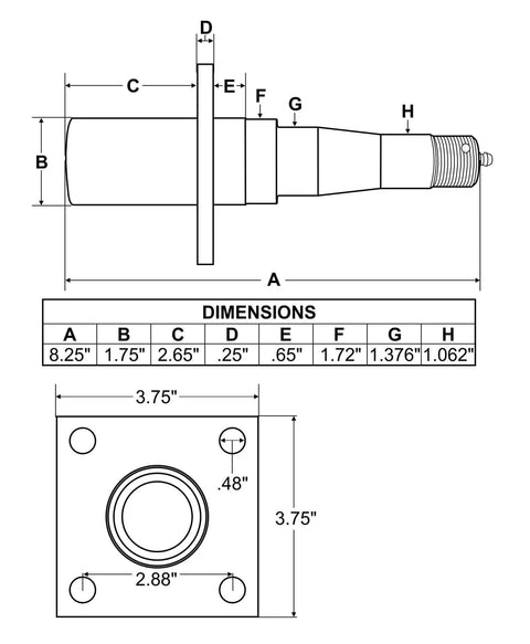 Technical diagram of Trailer Axle Spindle With 4 Hole Flange For Brake Backing Plate Round Stock Fits 1 3 8 Inch To 1 1 16 Inch Inner Bearing 1 3 4 Inch Mounting Surface Beefy 1750 Lbs Capacity 1 Inch 14 Thread Nut Washer Cotter Pin Included.