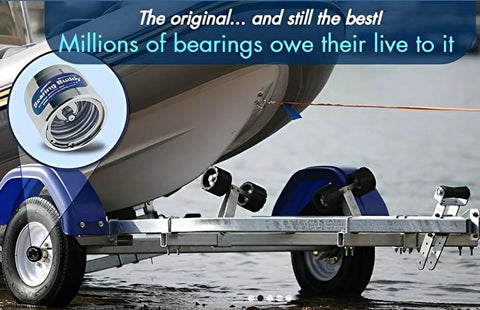 Boat trailer showing USA Made Chrome Plated Bearing Protector With 19B Bra And Blue Grease Indicator Bearing Buddy For Boats RVs And More.