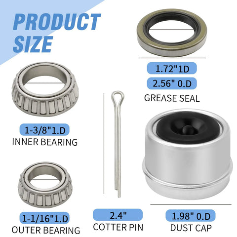 Trailer Bearing Kit For 5200-6000 Lb Axles With 2.44 Inch Dust Cap Grease Seal Cotter Pin 4 Pack Replaces 15123 245 25580 20 EZ Lube Spindle 42 Compatible Built Tough Heavy Duty Axle Bearings Set showing bearings, grease seal, cotter pin, and dust cap
