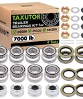 Trailer Bearing Kit For D42 Spindle Fits 1.25 Inch And 1.75 Inch Tandem Axles 5200 To 6000 Lb Four Sets Hub Kit With 2.72 Inch Dust Covers Double Lip Seals Spindle Nuts And Complete Inner And Outer Bearings displayed with packaging and components