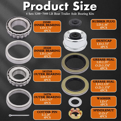 Components of Trailer Bearing Kit For D42 Spindle Fits 1.25 Inch And 1.75 Inch Tandem Axles 5200 To 6000 Lb Four Sets Hub Kit displayed.