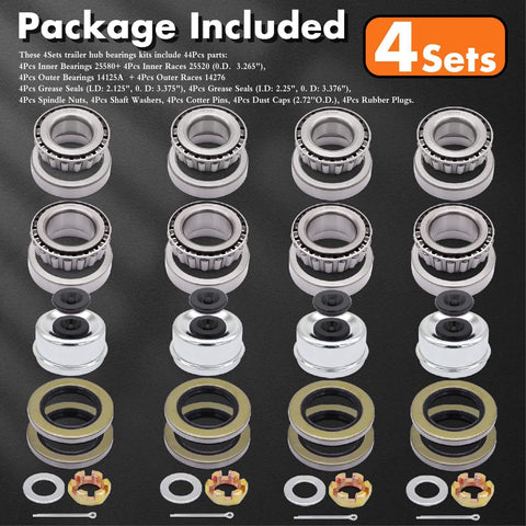 Trailer Bearing Kit For D42 Spindle Fits 1.25 Inch And 1.75 Inch Tandem Axles 5200 To 6000 Lb Four Sets Hub Kit With 2.72 Inch Dust Covers Double Lip Seals Spindle Nuts And Complete Inner And Outer Bearings shown in package including four sets of components