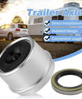 Trailer Bearing Kit For 5200-6000 Lb Axles With 2.44 Inch Dust Cap Grease Seal Cotter Pin 4 Pack Replaces 15123 245 25580 20 EZ Lube Spindle 42 Compatible Built Tough Heavy Duty Axle Bearings Set, with dust cap and seal displayed in front of trailer and car.