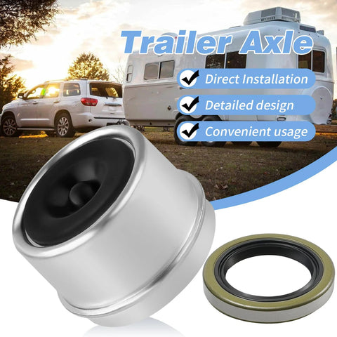Trailer Bearing Kit For 5200-6000 Lb Axles With 2.44 Inch Dust Cap Grease Seal Cotter Pin 4 Pack Replaces 15123 245 25580 20 EZ Lube Spindle 42 Compatible Built Tough Heavy Duty Axle Bearings Set, with dust cap and seal displayed in front of trailer and car.
