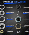Package contents showing races, bearings, rubber plugs, cotter pins, dust caps, grease seals, spindle nuts, washers for trailer bearing kit
