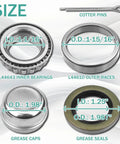 Trailer Bearing Kit For 2000 Lbs Axle L44649 L44610 Includes 1.98 Inch Grease Cap Seals Cotter Pins And 2 Sets Quiet High Speed Rotating Bearings For EZ Lube And Standard BT8 Spindle Boat And Utility Trailers image showing size and components