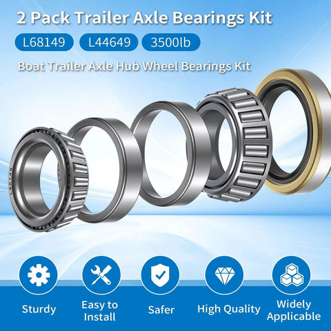 2 Pack Trailer Bearings Kit for Quiet Operation L68149 L44649 for 1-3/8 to 1-1/16 Axle, 3500 Lb with Grease Seal and Spindle
