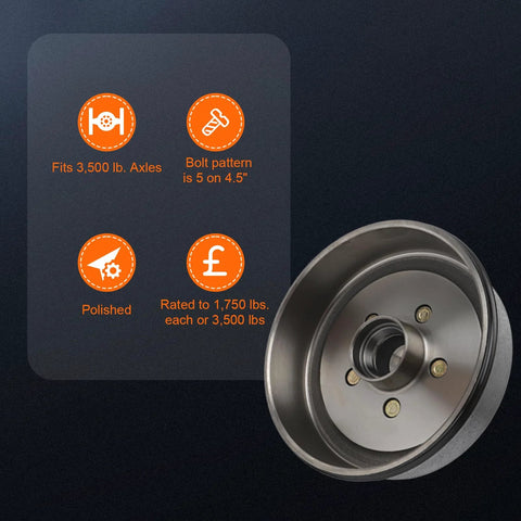 Durable Trailer Brake Drum Kit With Hub And Bearing Set For 3500 Lb Axles, 10 x 2-1/4 In, 5 On 4.5 In Bolt Pattern