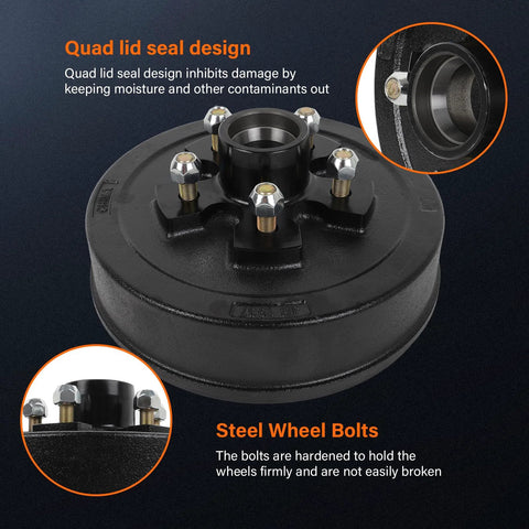 Durable Trailer Brake Drum Kit With Hub And Bearing Set For 3500 Lb Axles, 10 x 2-1/4 In, showcasing seal and bolts design.