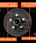 Ready To Roll Five On Four Point Five Inch Trailer Brake Hub Drum Kit For 3500 LB Trailers With Ten By Two And A Quarter Inch Size L68149 Inner Cone Bearing L44649 Outer Cone Bearing Bearing Race Installed Half Inch 20 Thread Nuts AuraWINS - Top view showing bolt pattern and specifications.