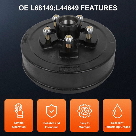 Durable Trailer Brake Drum Kit With Hub And Bearing Set For 3500 Lb Axles, 10 x 2-1/4 In, 5 On 4.5 In Bolt Pattern