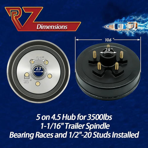 Trailer Brake Hub Drum Kit For 3500 Lb Axles 5 Bolt On 4 And A Half Inch Pattern Ready-To-Install Fits 10 By 2-1/4 Electric