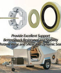 Trailer Brake Hub Drum Kit For 3500 Lb Axles 5 Bolt On 4 And A Half Inch Pattern Ready-To-Install Fits 10 By 2-1/4 Electric Trailer Brakes Includes L44649 L68149 Bearings 1.719 By 2.565 Inch Grease Seal Spindle 84 1-3/8 To 1-1/16 Castle Nut Washer Cotter components with trailer in background
