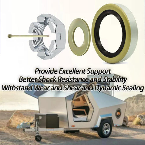 Trailer Brake Hub Drum Kit For 3500 Lb Axles 5 Bolt On 4 And A Half Inch Pattern Ready-To-Install Fits 10 By 2-1/4 Electric Trailer Brakes Includes L44649 L68149 Bearings 1.719 By 2.565 Inch Grease Seal Spindle 84 1-3/8 To 1-1/16 Castle Nut Washer Cotter components with trailer in background