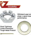Close-up of trailer brake hub drum kit metal components including castle nut, washer, and cotter pin with durability features.