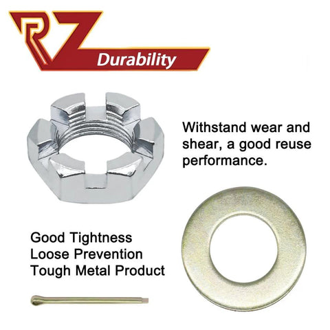 Close-up of trailer brake hub drum kit metal components including castle nut, washer, and cotter pin with durability features.