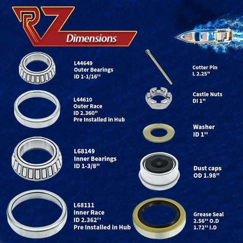 Trailer Brake Hub Drum Kit For 3500 Lb Axles 5 Bolt On 4 And A Half Inch Pattern Ready-To-Install Fits 10 By 2-1/4 Electric Trailer Brakes Includes L44649 L68149 Bearings 1.719 By 2.565 Inch Grease Seal Spindle 84 1-3/8 To 1-1/16 Castle Nut Washer Cotter parts diagram