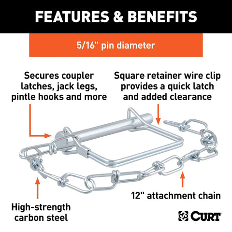 Trailer Coupler Pin With Twelve Inch Chain Five Sixteenth Inch Diameter Three Inch Length Clear Zinc Plated Steel Safety Pin For Trailer Hitches Versatile Pin For Couplers Jacks Pintle Hooks And More with 12-inch chain and retainer wire clip.
